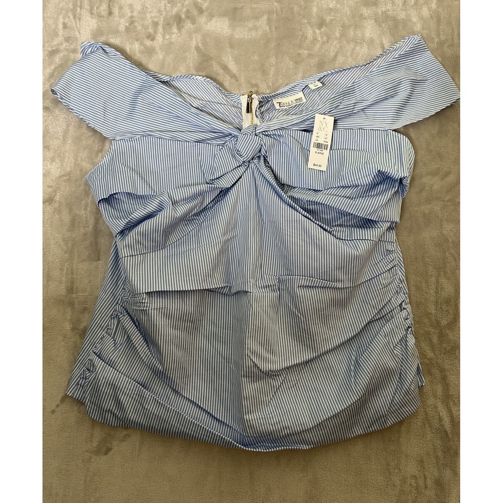 New York & Company Blouse Women XL Blue & White Pinstriped Off-Shoulder Casual